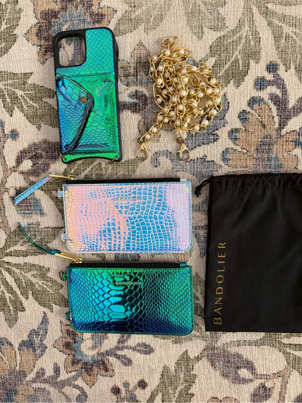 Bandolier Iridescent Teal Blue Snake-Embossed Wallet & Chain Set 13 Pro Max